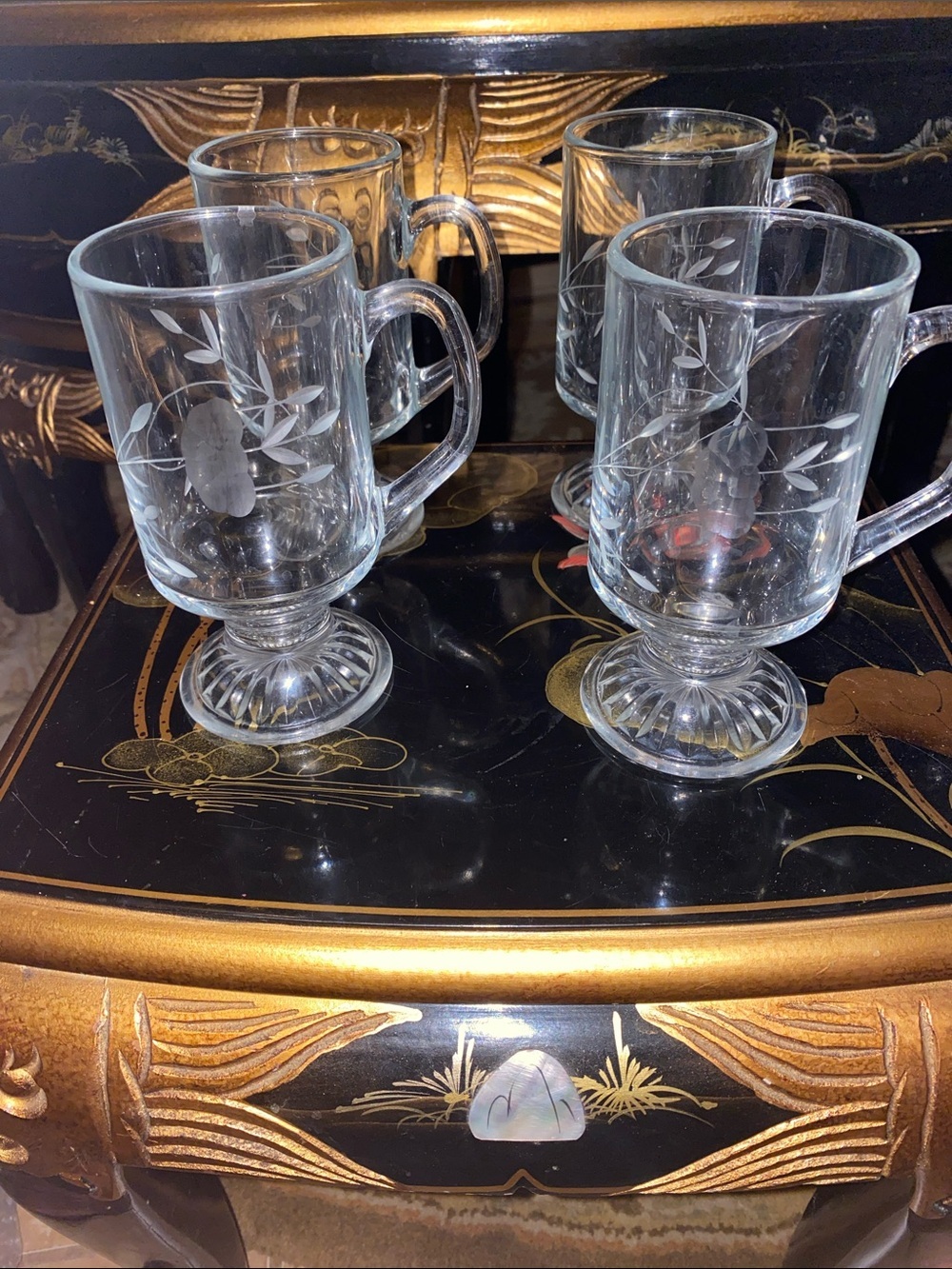 Princess House Heritage Set of 4 Floral Etch Glass Irish Cream Mugs